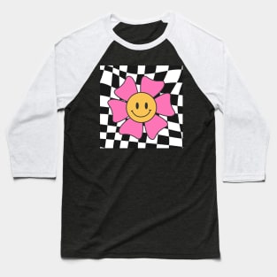 Cute Smiley Groovy Flower 80s Checkered Smiling Happy Retro Baseball T-Shirt